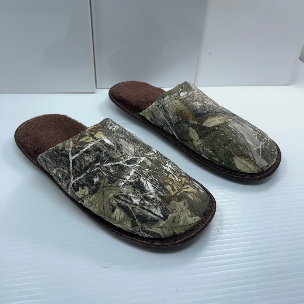 Realtree Mens S/M 9-10 Brown Camo Faux Fur Lined Slip On Scuff Slippers New